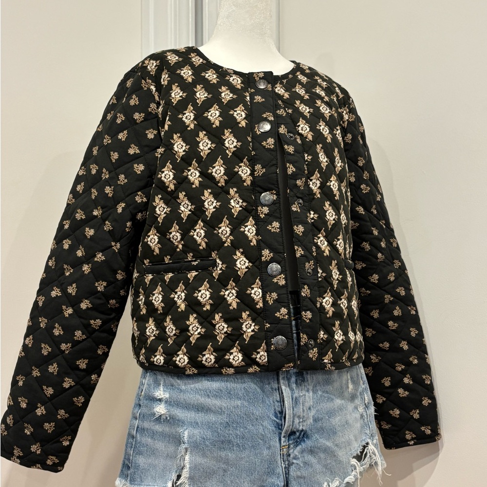 Lucky Brand Black Quilted Jacket with Floral Pattern